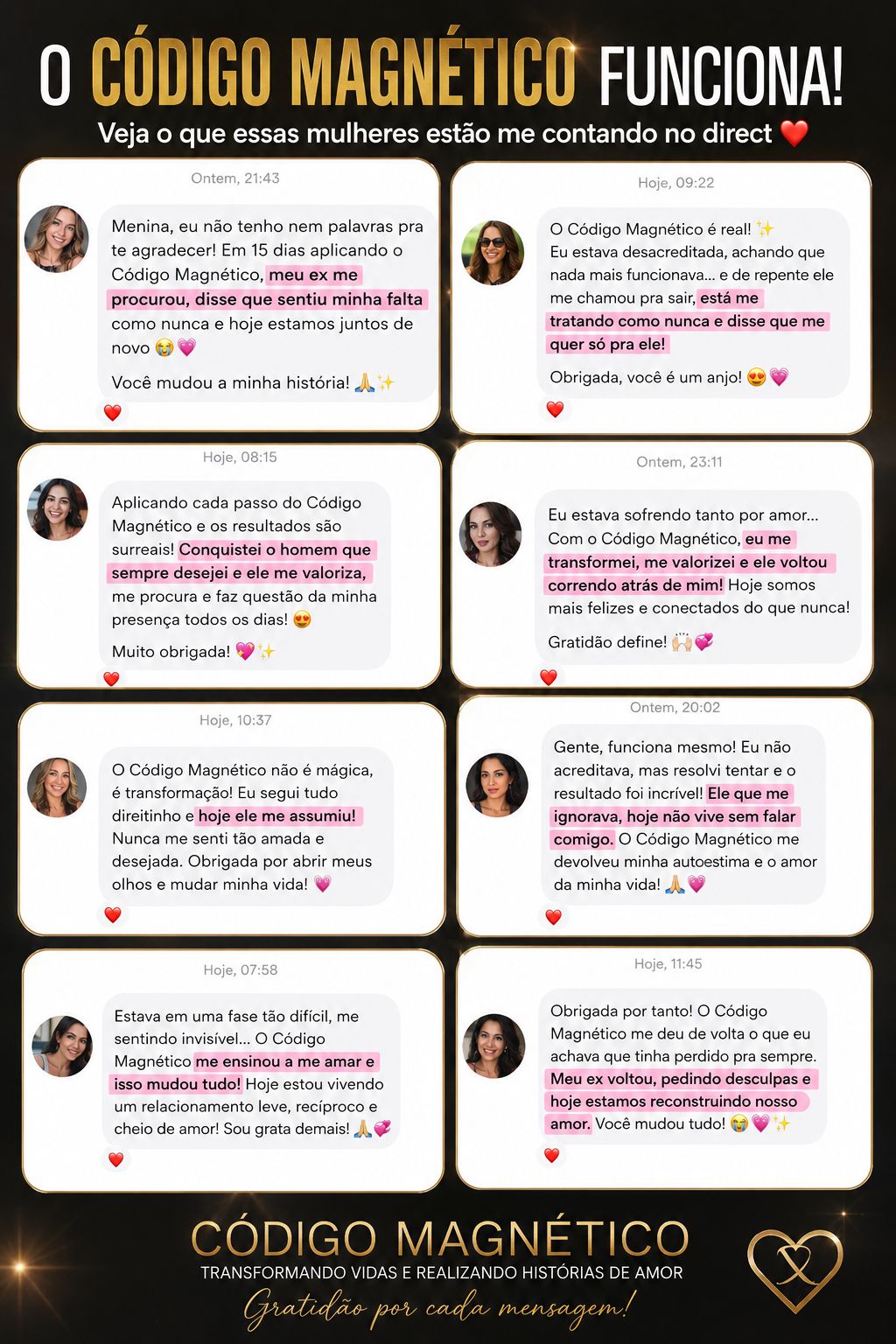 Prints de mensagens de mulheres contando os resultados que tiveram com o Código Magnético